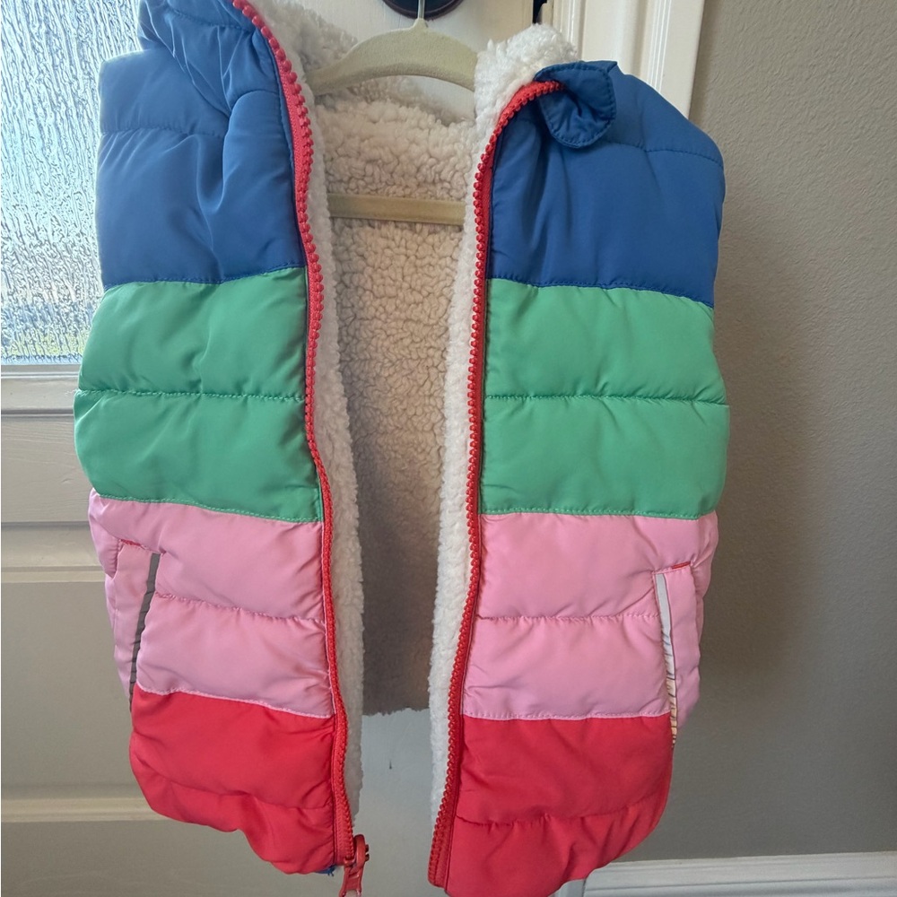 Mini Boden Multicolor Puffer Vest with Sherpa Hood - Picture 9 of 13